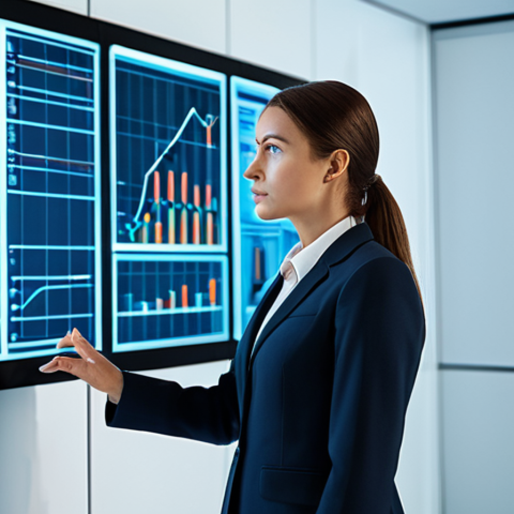 A focused professional woman in a sleek, modest business suit, standing in a sophisticated, minimalist high-tech control room. She is looking intently at an abstract holographic display showing complex strategic data, embodying precision and analytical thought. The environment is clean and modern, with soft, ambient lighting. The pose is natural and composed. safe for work, appropriate content, fully clothed, professional, perfect anatomy, correct proportions, natural pose, well-formed hands, proper finger count, natural body proportions, high quality studio photography.