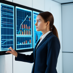 A focused professional woman in a sleek, modest business suit, standing in a sophisticated, minimalist high-tech control room. She is looking intently at an abstract holographic display showing complex strategic data, embodying precision and analytical thought. The environment is clean and modern, with soft, ambient lighting. The pose is natural and composed. safe for work, appropriate content, fully clothed, professional, perfect anatomy, correct proportions, natural pose, well-formed hands, proper finger count, natural body proportions, high quality studio photography.