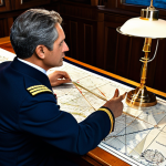 A focused professional individual, fully clothed in a modest, dark blue naval-inspired uniform, seated at a large, polished wooden table. On the table, a detailed, antique-style sea chart is spread out, with strategic routes marked with a quill. The person holds a compass, deep in thought, planning a maritime expedition. The background is a sophisticated ship's captain's cabin or command center, featuring warm, ambient lighting from a brass lamp and neatly organized navigation tools. perfect anatomy, correct proportions, natural pose, well-formed hands, proper finger count, natural body proportions, professional photography, high quality, safe for work, appropriate content, fully clothed, professional dress.