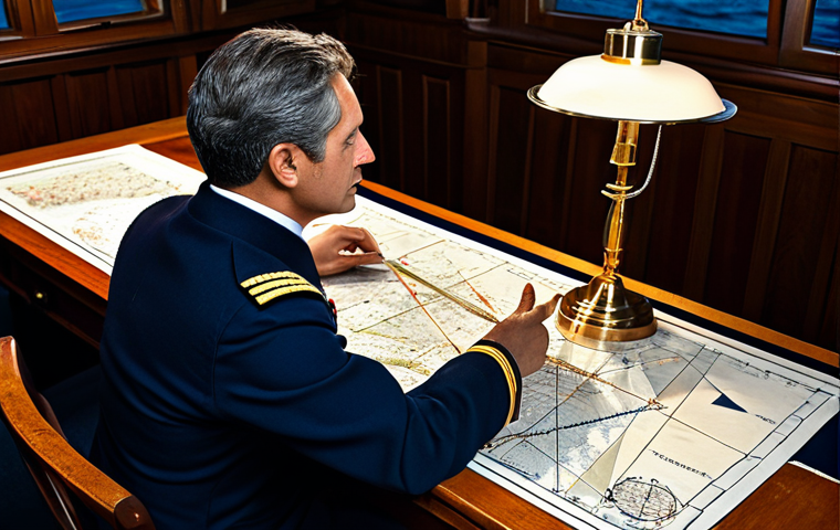 A focused professional individual, fully clothed in a modest, dark blue naval-inspired uniform, seated at a large, polished wooden table. On the table, a detailed, antique-style sea chart is spread out, with strategic routes marked with a quill. The person holds a compass, deep in thought, planning a maritime expedition. The background is a sophisticated ship's captain's cabin or command center, featuring warm, ambient lighting from a brass lamp and neatly organized navigation tools. perfect anatomy, correct proportions, natural pose, well-formed hands, proper finger count, natural body proportions, professional photography, high quality, safe for work, appropriate content, fully clothed, professional dress.