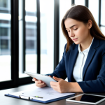 A focused professional woman, in a modest business blazer and trousers, seated at a clean, modern desk with a tablet and planning documents. The background features a blurred, well-lit contemporary office space with large windows. The lighting is soft and natural. She exhibits perfect anatomy, correct proportions, and a natural, calm pose with well-formed hands. This image is safe for work, appropriate content, fully clothed, professional, and family-friendly.