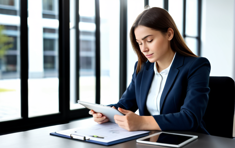 A focused professional woman, in a modest business blazer and trousers, seated at a clean, modern desk with a tablet and planning documents. The background features a blurred, well-lit contemporary office space with large windows. The lighting is soft and natural. She exhibits perfect anatomy, correct proportions, and a natural, calm pose with well-formed hands. This image is safe for work, appropriate content, fully clothed, professional, and family-friendly.