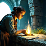 A focused person, fully clothed in comfortable yet modest attire, is meticulously examining an ancient, glowing artifact in a richly detailed fantasy ruin. The character's posture shows perfect anatomy and natural body proportions, with well-formed hands carefully holding the item. The background features overgrown stone structures and ethereal light, hinting at hidden treasures. This scene emphasizes the diligent effort in a fantasy game world, capturing the essence of 'Life Skills' like archaeology for in-game resource gathering. The image maintains appropriate content, safe for work, and family-friendly.