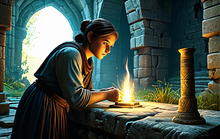 A focused person, fully clothed in comfortable yet modest attire, is meticulously examining an ancient, glowing artifact in a richly detailed fantasy ruin. The character's posture shows perfect anatomy and natural body proportions, with well-formed hands carefully holding the item. The background features overgrown stone structures and ethereal light, hinting at hidden treasures. This scene emphasizes the diligent effort in a fantasy game world, capturing the essence of 'Life Skills' like archaeology for in-game resource gathering. The image maintains appropriate content, safe for work, and family-friendly.